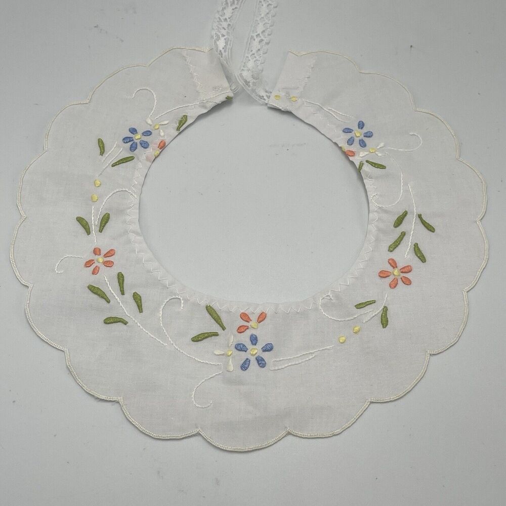 HandMade VTG Linen Collar Scalloped Floral Embroidery 13.5" Girls Womens Tie-on